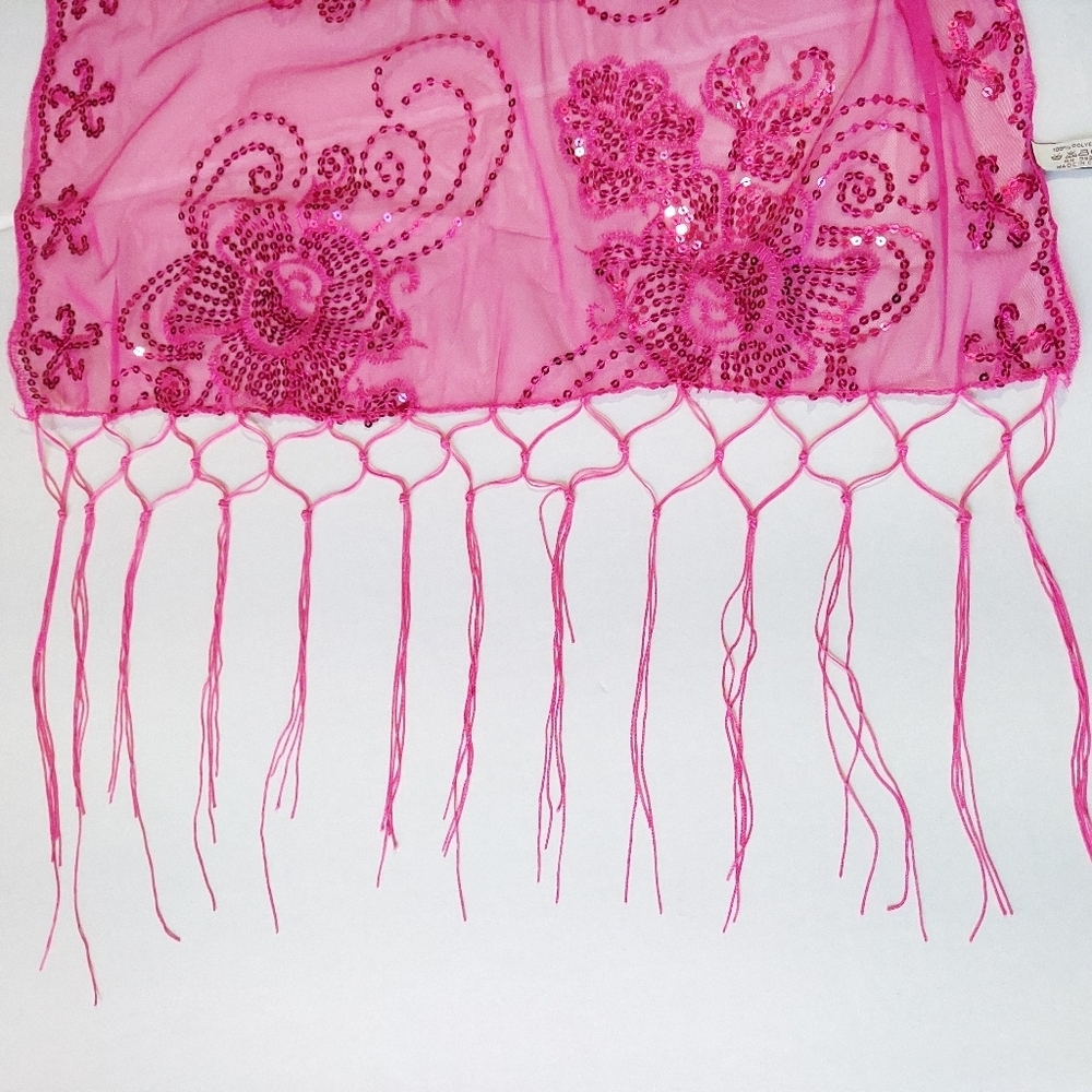 Womens Pink Mesh Sequin Metallic Party Prom Wedding Shawl Scarf With Fringe - Picture 8 of 11